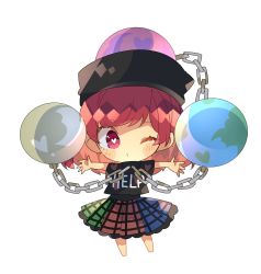 Rule 34 | 1girl, black shirt, blue skirt, blush stickers, chain, chibi, clothes writing, commentary request, earth (ornament), green skirt, heart, heart-shaped pupils, heart print, hecatia lapislazuli, highres, looking at viewer, moon (ornament), multicolored clothes, multicolored skirt, nikorashi-ka, o3o, one eye closed, outstretched arms, plaid, plaid skirt, red eyes, red hair, red skirt, shirt, short hair, skirt, solo, spread arms, symbol-shaped pupils, touhou, white background