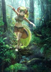 Rule 34 | 1girl, :d, ai-assisted, arm up, belt, bird girl, bird tail, bird wings, blonde hair, breasts, brown shorts, day, forest, fuji takanasu, greater bird-of-paradise (kemono friends), green hair, head wings, highres, kemono friends, large breasts, long hair, looking at viewer, midriff, multicolored hair, nature, navel, open mouth, outdoors, outstretched arms, outstretched hand, scenery, shirt, shoes, short shorts, shorts, smile, solo, spread arms, stomach, swept bangs, tail, thighhighs, tied shirt, tree, walking, water, white hair, white thighhighs, wings, yellow eyes
