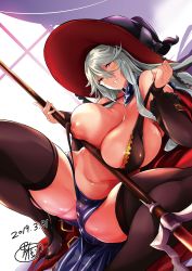 Rule 34 | 1girl, absurdres, bare shoulders, black bow, black footwear, black thighhighs, blue skirt, blush, bow, breast slip, breasts, brown eyes, cameltoe, cape, collarbone, commentary request, covered erect nipples, curvy, detached sleeves, fingernails, frilled sleeves, frills, garter straps, granblue fantasy, grey hair, hair between eyes, half-closed eyes, halterneck, hat, hat bow, high heels, highres, huge breasts, inverted nipples, knee up, kuro (jyupiter), large areolae, long hair, looking at viewer, lying, magisa (granblue fantasy), navel, nipples, on side, one breast out, panties, puffy nipples, shiny skin, shoes, sideboob, sidelocks, skindentation, skirt, smile, solo, stomach, thighhighs, underwear, witch hat