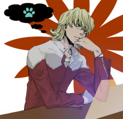 Rule 34 | 10s, 1boy, bad id, bad pixiv id, barnaby brooks jr., blonde hair, blue eyes, glasses, hand on another&#039;s chin, hand on own chin, jacket, jenach, jewelry, male focus, necklace, paw print, red jacket, solo, thinking, thought bubble, tiger &amp; bunny