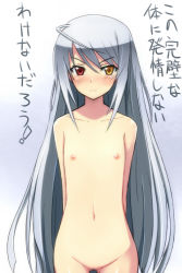 Rule 34 | &gt;:&lt;, &gt;:(, 10s, 1girl, :&lt;, arms behind back, blush, closed mouth, collarbone, female focus, flat chest, frown, groin, heterochromia, hip focus, infinite stratos, laura bodewig, long hair, looking at viewer, navel, negija, nipples, no eyepatch, nude, pussy, silver hair, solo, standing, text focus, translated, uncensored, v-shaped eyebrows, very long hair