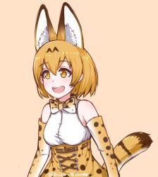 Rule 34 | 10s, 1girl, :d, animal ears, bare shoulders, bow, bowtie, breasts, commentary, disco brando, elbow gloves, english commentary, gloves, high-waist skirt, highres, kemono friends, medium breasts, open mouth, orange background, orange eyes, orange gloves, orange hair, serval (kemono friends), serval print, serval tail, short hair, simple background, skirt, smile, solo, standing, tail, twitter username
