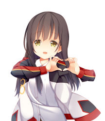 Rule 34 | 1girl, :d, absurdres, alternate eye color, blunt bangs, brown hair, collared shirt, commentary request, dress shirt, flat chest, gochuumon wa usagi desu ka?, heart, heart hands, highres, jacket, jyt, long hair, long sleeves, looking at viewer, open mouth, shirt, simple background, smile, solo, ujimatsu chiya, upper body, white background, white shirt, wing collar, yellow eyes