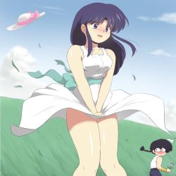 Rule 34 | 1girl, bare shoulders, black hair, blue eyes, blush, braid, breasts, clothes lift, cloud, dress, dress lift, flower, hat, kj (k777), large breasts, legs, long hair, looking back, looking down, open mouth, outdoors, ranma 1/2, saotome ranma, sky, standing, tears, tendou akane, thighs, wind, wind lift