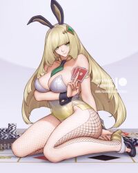 Rule 34 | 1girl, animal ears, arm under breasts, artist name, blonde hair, breasts, card, creatures (company), curvy, detached collar, fake animal ears, fishnet pantyhose, fishnets, full body, game freak, gem, green eyes, green gemstone, hair ornament, high heels, highleg, highleg leotard, holding, holding card, large breasts, leotard, long hair, looking at viewer, lusamine (pokemon), mystra77, nintendo, pantyhose, playboy bunny, playing card, pokemon, poker chip, rabbit ears, smile, solo, strapless, strapless leotard, two-tone legwear, very long hair, watermark, web address, wide hips, wrist cuffs