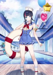 Rule 34 | 1girl, armlet, balloon, bare shoulders, black hair, blue eyes, blue sailor collar, blue skirt, blue sky, blush, braid, breasts, buttons, double-breasted, fate/grand order, fate (series), hat, innertube, kneehighs, looking at viewer, low twin braids, magatama, medium breasts, medium hair, multicolored hair, noco (adamas), official art, one-piece swimsuit, pink hair, pool, sailor collar, sailor hat, sidelocks, skirt, sky, smile, socks, streaked hair, swim ring, swimsuit, thighs, twin braids, utsumi erice, utsumi erice (swimsuit avenger), utsumi erice (swimsuit avenger) (second ascension), white headwear, white one-piece swimsuit, white socks