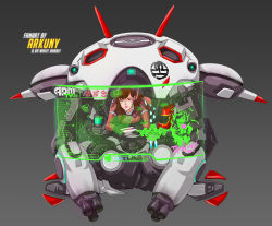 Rule 34 | 1girl, alternate color, animal print, arkuny, artist name, bodysuit, breasts, brown eyes, brown hair, character name, commentary, controller, d.va (overwatch), facepaint, facial mark, game controller, gamepad, gloves, gradient background, grey background, headphones, high collar, holographic interface, holographic monitor, korean text, long hair, looking at viewer, mecha, medium breasts, meka (overwatch), overwatch, overwatch 1, pilot suit, play of the game, playing games, rabbit print, ribbed bodysuit, robot, shoulder pads, signature, skin tight, solo, swept bangs, translation request, video game, whisker markings, white gloves