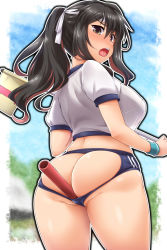 Rule 34 | 1girl, alternate costume, ass, ass cutout, ass focus, between buttocks, blue sky, blush, border, breasts, brown eyes, brown hair, buruma, butt crack, clothing cutout, commentary request, cowboy shot, crop top, curly hair, day, double vertical stripe, from behind, furrowed brow, gym shirt, hair between eyes, highres, holding, kantai collection, large breasts, long hair, looking at viewer, looking back, multicolored hair, naganami (kancolle), no panties, nose blush, open mouth, outdoors, outside border, pink hair, ponytail, raised eyebrow, relay baton, shirt, short sleeves, sky, solo, standing, thighs, two-tone hair, underwear, white border, white shirt, yoshi tama