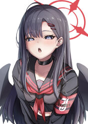 Rule 34 | 1girl, absurdres, armband, black choker, black hair, black sailor collar, black serafuku, black skirt, black wings, blue archive, blue eyes, blush, choker, commentary request, hair ornament, hairclip, halo, highres, ichika (blue archive), kuromiz, long hair, long sleeves, looking at viewer, navel, neckerchief, open mouth, pleated skirt, red armband, red halo, red neckerchief, sailor collar, school uniform, serafuku, simple background, skirt, solo, upper body, white background, wings