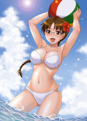 Rule 34 | 1girl, armpits, arms up, ball, beachball, bikini, braid, breasts, brown eyes, brown hair, cloud, day, flower, glasses, hair flower, hair ornament, hibiscus, hida tatsuo, hoshina tomoko, large breasts, lens flare, navel, o-ring, o-ring bottom, o-ring top, ocean, skindentation, sky, solo, swimsuit, thighs, to heart, to heart (series), underboob, wading, water, white bikini