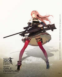 Rule 34 | 1girl, ankle boots, ask (askzy), black gloves, blaser r93, bolt-action rifle, bolt action, boots, breasts, cleavage, cleavage cutout, closed mouth, clothing cutout, dress, full body, girls&#039; frontline, gloves, gluteal fold, green eyes, gun, hair ribbon, hairband, high heel boots, high heels, highres, long hair, medium breasts, official art, pink hair, pouch, prototype design, r93 (girls&#039; frontline), red thighhighs, ribbon, rifle, smile, sniper rifle, solo, standing, straight-pull rifle, straight pull, thigh pouch, thighhighs, weapon
