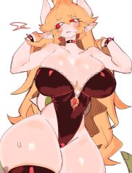 Rule 34 | 1girl, blonde hair, blush, bowsette, bracelet, breasts, cleavage, collar, dress, embarrassed, frills, horns, huge breasts, humanization, jewelry, leotard, long hair, looking to the side, mario (series), messy hair, nintendo, pointy ears, red eyes, shell, spiked bracelet, spiked collar, spiked shell, spikes, super crown, tail, thick thighs, thighhighs, thighs, usa37107692, very long hair, wide hips
