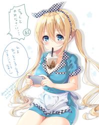 Rule 34 | 1girl, absurdres, adapted costume, apron, blend s, blonde hair, blue eyes, blue shirt, blue skirt, blush, breasts, bubble tea, bubble tea challenge, cellphone, checkered hairband, checkered ribbon, cleavage, collarbone, collared shirt, commentary request, dated, dress shirt, drinking straw, fingernails, hair between eyes, hair ribbon, hairband, highres, hinata kaho, holding, holding phone, large breasts, long hair, looking at viewer, neki (wakiko), object on breast, phone, ribbon, shadow, shirt, short sleeves, sidelocks, sitting, skirt, solo, stile uniform, translation request, twintails, twitter username, unmoving pattern, very long hair, waist apron, white apron, white background