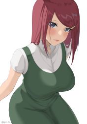 Rule 34 | 1girl, absurdres, blue eyes, blush, breasts, byeon dha, dress, green dress, hair ornament, hairclip, highres, large breasts, lips, long hair, looking at viewer, mature female, naruto, naruto (series), naruto shippuuden, parted lips, pinafore dress, raised eyebrows, red hair, short sleeves, simple background, sitting, sleeveless dress, solo, straight hair, twitter username, uzumaki kushina, white background