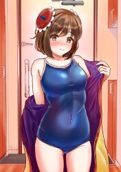 Rule 34 | 1girl, absurdres, blue one-piece swimsuit, breasts, brown eyes, brown hair, charomi, commentary request, competition school swimsuit, covered navel, cowboy shot, door, highres, koigahama miroku, large breasts, new school swimsuit, one-piece swimsuit, robe, school swimsuit, short hair, solo, standing, station memories, swimsuit, swimsuit under clothes, yellow robe