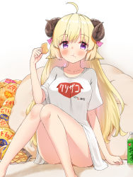 Rule 34 | ahoge, alternate costume, animal ears, blonde hair, blush, bottle, chips (food), collarbone, eating, food, highres, hololive, horns, kutar22, long hair, looking at viewer, pillow, purple eyes, sheep ears, sheep horns, simple background, sitting, solo, tsunomaki watame, virtual youtuber, white background