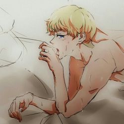 Rule 34 | 1boy, asuka ryou, bed, blonde hair, blue eyes, devilman, devilman crybaby, eyebrows, lying, male focus, mihael, on back, open mouth, topless male, short hair, solo, sweat