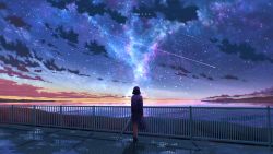 Rule 34 | 1girl, aeuna, artist name, bag, black hair, cloud, commentary, english commentary, evening, galaxy, highres, holding, holding bag, holding umbrella, original, outdoors, puddle, railing, reflection, rural, scenery, school bag, school uniform, shooting star, short hair, sky, solo, standing, star (sky), starry sky, umbrella, watermark, wide shot