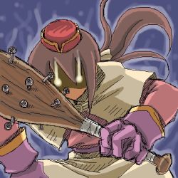 Rule 34 | 1girl, acolyte (ragnarok online), aura, baseball bat, biretta, brown gloves, brown hair, brown shirt, capelet, commentary request, cowboy shot, gloves, glowing, glowing eyes, holding, holding weapon, long hair, long sleeves, looking at viewer, lowres, mace, nail, nail bat, oekaki, ragnarok online, sakakura (sariri), shirt, solo, weapon, white capelet