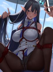 Rule 34 | absurdres, bdsm, black hair, blue archive, blue eyes, bondage, bound, breasts, grabbing another&#039;s hair, halo, harris hero, highres, large breasts, long hair, necktie, pantyhose, pointy ears, restrained, rin (blue archive)