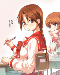 Rule 34 | 2girls, bow, braid, brown eyes, brown hair, commentary request, desk, glasses, hagiya masakage, highres, hoshina tomoko, long hair, looking at viewer, multiple girls, nagaoka shiho, pen, red bow, red sailor collar, sailor collar, school desk, school uniform, serafuku, short hair, single braid, solo focus, to heart, to heart (series), translation request, upper body
