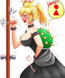 Rule 34 | 1girl, apotei, armlet, bare shoulders, between legs, black dress, blonde hair, blue eyes, blush, bowsette, bracelet, breasts, cleavage, clenched hand, collar, collarbone, crown, door, doorknob, dress, earrings, embarrassed, english text, female focus, from side, hand between legs, hand up, have to pee, horns, japanese text, jewelry, knocking, large breasts, mario (series), motion lines, new super mario bros. u deluxe, nintendo, nose blush, open mouth, ponytail, profile, sharp teeth, simple background, solo, speech bubble, spiked bracelet, spiked collar, spikes, standing, strapless, strapless dress, super crown, sweat, tears, teeth, translation request, trembling, urine meter, white background