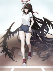 Rule 34 | 1girl, black hair, black shorts, black wings, blue archive, breasts, gym shirt, gym shorts, gym uniform, halo, headband, highres, komena (shinyday312), large breasts, long hair, looking at viewer, melting halo, open mouth, red footwear, red halo, red headband, shirt, shoes, short sleeves, shorts, socks, solo, tsurugi (blue archive), very long hair, white shirt, white socks, wings