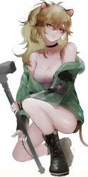 Rule 34 | 1girl, animal ears, arknights, bare legs, bare shoulders, black choker, black footwear, blonde hair, boots, breasts, changmaoyangyu hsl, choker, cleavage, collarbone, green jacket, hair between eyes, hammer, highres, holding, holding hammer, holding weapon, jacket, lion ears, lion tail, long hair, long sleeves, looking at viewer, medium breasts, off shoulder, open clothes, open jacket, parted lips, ponytail, siege (arknights), simple background, solo, tail, thighs, weapon, white background, yellow eyes
