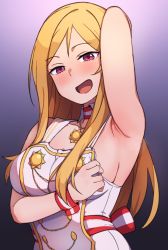Rule 34 | 1girl, arm up, armpits, artist request, black background, blonde hair, blush, detached collar, gradient background, idolmaster, idolmaster million live!, jewelry, long hair, momose rio, necklace, open mouth, purple background, red eyes, simple background, solo, very long hair