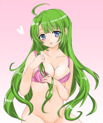 Rule 34 | 10s, 1girl, ahoge, alternate hairstyle, bad id, bad pixiv id, blue eyes, blush, bottomless, bra, breasts, cleavage, gradient background, green hair, heart, kantai collection, kei (anonexx), long hair, looking at viewer, mole, mole under mouth, pink bra, smile, solo, underwear, yuugumo (kancolle)