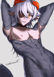 Rule 34 | 1boy, armpits, arms behind head, artist name, borrowed character, brown choker, choker, eyepatch, fangs, grey background, grey scales, highres, horns, long hair, looking at viewer, male focus, monster boy, multicolored eyes, nekomiti, nipples, nude, orange eyes, orange horns, parted lips, pixiv fantasia, pixiv fantasia mountain of heaven, pointy ears, scales, signature, simple background, slit pupils, solo, tail, toned, toned male, upper body, white hair, yellow eyes