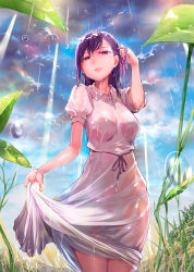 Rule 34 | 1girl, bra visible through clothes, clothes lift, cloud, cloudy sky, commentary request, dress, dress lift, fate/stay night, fate (series), grass, hair ribbon, tucking hair, heaven&#039;s feel, highres, lifted by self, matou sakura, mikazuki akira!, nature, official alternate costume, outdoors, panties, pink ribbon, purple eyes, purple hair, rain, ribbon, sky, solo, underwear, wet, wet clothes, wet dress, white dress