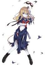 Rule 34 | 1girl, black footwear, blonde hair, blue eyes, blue skirt, boots, bra, braid, cross-laced footwear, dress, elizabeth dunaway, formation girls, full body, goggles, hat, highres, hiiragi souren, lace-up boots, long hair, long skirt, looking at viewer, official art, red bra, side braid, single braid, skirt, solo, torn clothes, torn dress, torn hat, transparent background, underwear, white hat