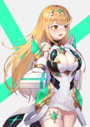 Rule 34 | 1girl, absurdres, blonde hair, breasts, bridal garter, chest jewel, cleavage, cleavage cutout, clothing cutout, commentary request, elbow gloves, gem, gift, giving, gloves, headpiece, highres, large breasts, long hair, looking to the side, mythra (xenoblade), nintendo, open mouth, solo, swept bangs, white gloves, xenoblade chronicles (series), xenoblade chronicles 2, yellow eyes, zekken