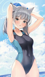 Rule 34 | animal ear fluff, animal ears, armpits, arms behind head, arms up, ball, beachball, blue eyes, blue one-piece swimsuit, blue sky, breasts, cloud, cloudy sky, competition swimsuit, covered navel, cowboy shot, cross, cross hair ornament, day, ear piercing, extra ears, grey hair, hair ornament, halo, highleg, highleg swimsuit, highres, holding, holding ball, holding beachball, inverted cross, looking at viewer, medium breasts, medium hair, mismatched pupils, misononasubi, multicolored clothes, multicolored swimsuit, ocean, one-piece swimsuit, open mouth, outdoors, piercing, ponytail, shiroko (blue archive), shiroko (swimsuit) (blue archive), sky, swimsuit, two-tone swimsuit, water, wolf ears
