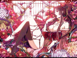 Rule 34 | 1girl, anklet, bad id, bad pixiv id, barefoot, black thighhighs, bow, bracelet, breasts, brown hair, cleavage, crossed legs, elf, feet, flower, hair flower, hair ornament, japanese clothes, jewelry, kimono, large breasts, legs, long hair, nail polish, off shoulder, open mouth, origami, original, paper crane, pointy ears, ponytail, red eyes, red nails, single thighhigh, sitting, solo, tattoo, thighhighs, toenail polish, toenails, yukata, yuuno (yukioka)