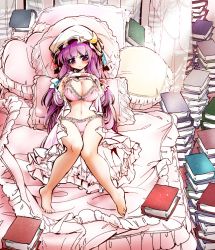 Rule 34 | 1girl, barefoot, bed, book, bra, breasts, cleavage, clothes lift, crescent, crescent hair ornament, dress, dress lift, female focus, fifiruu, hair ornament, hat, large breasts, lifted by self, long hair, navel, panties, patchouli knowledge, pink bra, pink panties, purple eyes, purple hair, solo, touhou, underwear, wide hips