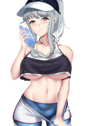Rule 34 | 1girl, absurdres, azur lane, bare shoulders, blush, bottle, breasts, brown eyes, crop top, crop top overhang, earphones, giulio cesare (azur lane), giulio cesare (fitness master) (azur lane), highres, large breasts, midriff, multicolored clothes, multicolored legwear, navel, official alternate costume, parted lips, shorts, sidelocks, silver hair, standing, tank top, underboob, visor cap, warden jadol 9, water bottle, white shorts