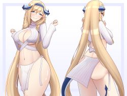 Rule 34 | 1girl, absurdres, alternate costume, arknights, ass, blonde hair, blue eyes, blue hairband, blush, border, breasts, cleavage, commentary, cowboy shot, crop top, female focus, gradient background, grin, hair between eyes, hairband, hands up, head tilt, highres, horns, large breasts, laxiusart, long hair, long sleeves, looking at viewer, midriff, multiple views, navel, outside border, pelvic curtain, pointy ears, purple background, purple border, saileach (arknights), smile, standing, stomach, tail, thick thighs, thighs, turtleneck, very long hair, white background
