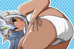 Rule 34 | 1girl, 5ugar, :d, andromeda (p&amp;d), ass, bad id, bad pixiv id, bent over, bikini, blue background, blue hair, blush, dark-skinned female, dark skin, flat ass, from behind, hand on own thigh, hand on thigh, headpiece, long hair, looking at viewer, looking back, open mouth, orange eyes, outline, puzzle &amp; dragons, side-tie bikini bottom, smile, solo, swimsuit, white bikini