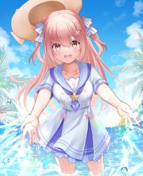 Rule 34 | 1girl, blue sailor collar, blue sky, bow, breasts, brown hat, cloud, collarbone, copyright request, day, dress, hair bow, hat, highres, horizon, large breasts, long hair, mashiro aa, ocean, outdoors, palm tree, pink hair, plaid, plaid bow, pleated dress, rainbow, sailor collar, sailor dress, short sleeves, sky, solo, standing, tree, two side up, unworn hat, unworn headwear, very long hair, virtual youtuber, water, water drop, white bow, white dress