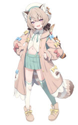 Rule 34 | 1girl, animal ear fluff, animal ears, blue bow, boots, bow, brown coat, brown footwear, brown hair, brown ribbon, coat, collared shirt, fang, footwear bow, full body, green skirt, green thighhighs, hair ornament, hair ribbon, hairclip, highres, komachi panko, navel, open clothes, open coat, phase connect, pink bow, pleated skirt, purple eyes, red panda, red panda ears, red panda girl, red panda tail, ribbon, shirt, short hair, skin fang, skirt, solo, star (symbol), suspender skirt, suspenders, tail, thighhighs, valefal coneri, virtual youtuber, white headwear, white thighhighs, yellow bow