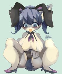Rule 34 | 1girl, animal ears, blue eyes, blue hair, breasts, dog, fake animal ears, furry, furry female, high heels, highres, inumimi-syndrome, nipples, open mouth, rabbit ears, short hair, solo, thighhighs