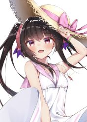 Rule 34 | 1girl, adjusting clothes, adjusting headwear, artist name, black hair, border, bow, bracelet, brown hat, clothes lift, commentary, dress, dress lift, dress tug, hair ribbon, hat, hat bow, highres, holding, holding clothes, holding hat, jewelry, long hair, looking at viewer, necklace, niyun (n niyu), open mouth, pink bow, pink eyes, pink ribbon, ribbon, sailor dress, senki zesshou symphogear, signature, simple background, sleeveless, sleeveless dress, smile, solo, sparkle, standing, straw hat, sun hat, sundress, tsukuyomi shirabe, twintails, upper body, white background, wind, wind lift