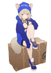 Rule 34 | 1girl, animal ears, beanie, blonde hair, blue eyes, blue footwear, blue hat, blue jacket, blush, closed mouth, collarbone, ears through headwear, fang, fang out, grey background, hat, highres, jacket, kemono fabric, light brown hair, mogumo, o-ring, open clothes, open jacket, original, shoes, short hair, shorts, simple background, sitting, skin fang, sleeves past wrists, sneakers, solo, tail, torn, torn clothes