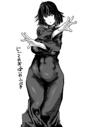 Rule 34 | 1girl, black dress, covered navel, dress, fubuki (one-punch man), greyscale, highres, monochrome, one-punch man, short hair, solo, taut clothes, taut dress