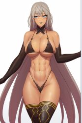 Rule 34 | 1girl, abs, bare shoulders, bikini, black bikini, black gloves, black thighhighs, blue eyes, breasts, cleavage, dark-skinned female, dark skin, detached collar, elbow gloves, fate/grand order, fate (series), gloves, grey hair, highleg, highleg bikini, highres, large breasts, long hair, looking at viewer, lvl (sentrythe2310), navel, open mouth, smile, solo, swimsuit, thighhighs, thighs, variant set, very long hair, zenobia (fate)
