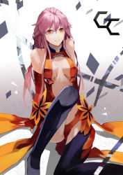 Rule 34 | 1girl, absurdres, bare shoulders, black thighhighs, breasts, center opening, cleavage, detached sleeves, elbow gloves, fingerless gloves, gloves, guilty crown, hair ornament, hairclip, highres, insoom, long hair, looking at viewer, navel, pink hair, red eyes, solo, thighhighs, twintails, yuzuriha inori