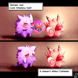 Rule 34 | clefable, colored skin, creature, creatures (company), english text, engrish text, failure, frown, game freak, gen 1 pokemon, gengar, ghost, highres, letterboxed, nintendo, pokemon, pokemon (creature), pokemon move, ranguage, sa-dui, smoke