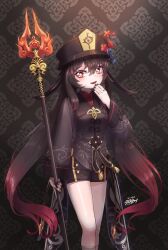 Rule 34 | 1girl, :d, absurdres, black hair, black nails, black shorts, chinese clothes, commentary request, flower, genshin impact, gradient hair, hair between eyes, hat, hat flower, hat ornament, highres, holding, holding polearm, holding weapon, hu tao (genshin impact), jewelry, kokukyukeo, long hair, long sleeves, looking at viewer, multicolored hair, nail polish, open mouth, polearm, porkpie hat, red eyes, ring, short shorts, shorts, sidelocks, simple background, smile, solo, staff of homa (genshin impact), symbol-shaped pupils, twintails, two-tone hair, weapon, wide sleeves